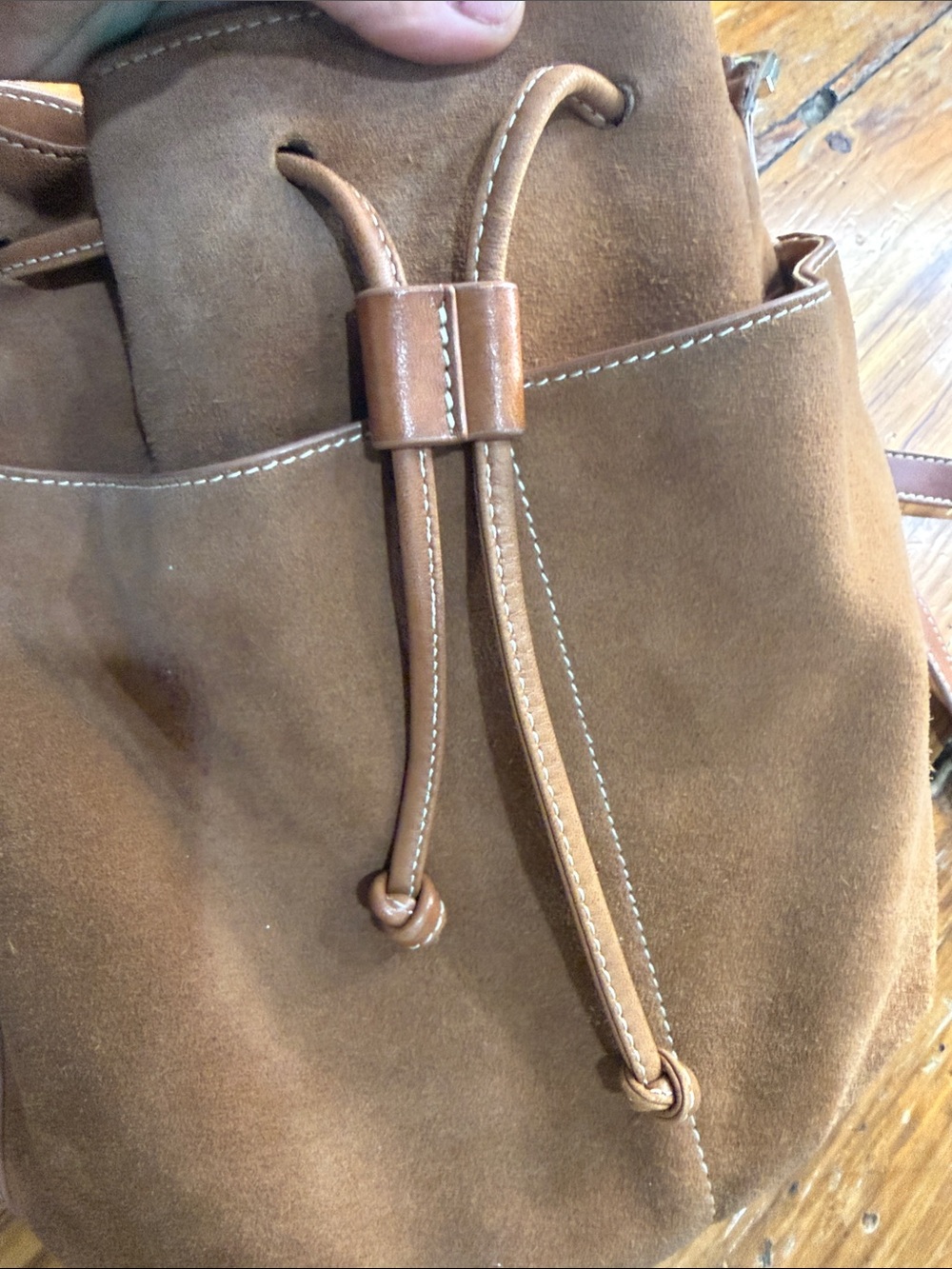 J. McLaughli Suede Leather Drawstring Hobo Bucket Brown Crossbody Bag Purse - Picture 10 of 13